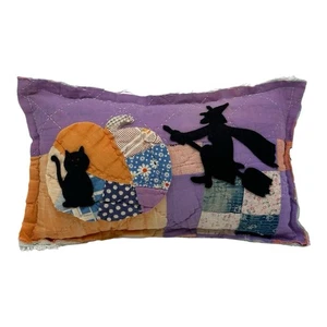 NUEVO Almohada Hecha a Mano Bruja, Gato y Calabaza Edredón Vintage Chenille Halloween - Imagen 1 de 9