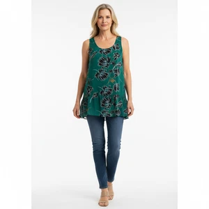 cabi Sleeveless Top Womens Size L Green Floral Ruffled Hem Sheer Boho Chic - Picture 1 of 6
