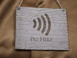 Personalised Walnut Veneered Engraved Solid Wood Pay Here Contactless Wooden Sig - Picture 1 of 4