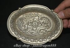 6" Ming XuanDe Marked Chinese Silver Dragon Phoenix Flower Statue Plate Tray