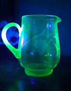 Vintage Green Uranium Depression Glass Water Pitcher Etched Grape Design  - Picture 1 of 6