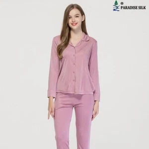 Juego de pijamas de punto de seda para mujer de manga larga conjunto superior e inferior liso - Imagen 1 de 9