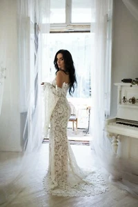 long sleeve wedding dress Mermaid gown Nude light wedding Dress with train - Picture 1 of 10