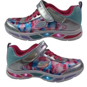 Skechers Girls Fashion Sneaker Lights Size 1 (20cm) Pink Silver Lace up New - Picture 1 of 22