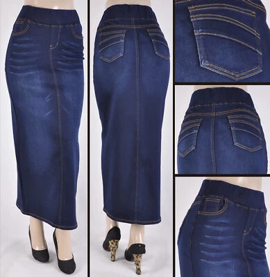 Women Stretch Dark wash Denim 37" long Skirt pencil no slit pull on #WG-87241 - Image 1 of 2