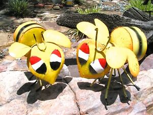 TWO Large metal art junk iron bumble bees for garden, pond, yard art