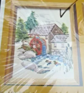 NEW Vtg 1970s Crewel Embroidery Kit Creative Circle Water Mill Rustic Trees - Picture 1 of 3