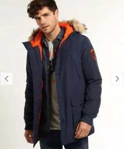 Superdry Rescue Coat Men S Blue Indigo Fur Hooded Parka Jacket Padded Insulated - Picture 1 of 17