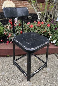 Vintage Industrial Metal Stool w/ Backrest Drafting Artist's Chair Plant Stand - Picture 1 of 10