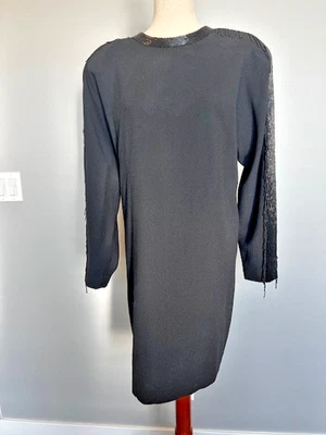 Vintage 1988 Linda Allard for Ellen Tracy Black Wool Dress  Bugle Beads Sz 12 - Image 1 of 4