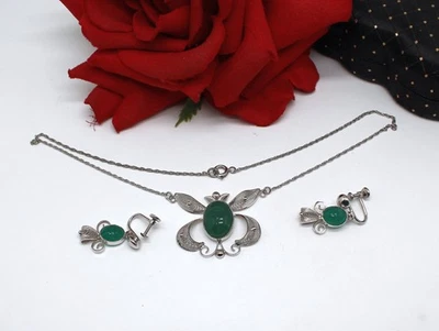 Sterling Silver & Jade Scarab Necklace Earrings 12.68g Set   CAT RESCUE - Image 1 of 2