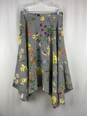 Usada en Excelente Condición Falda Calvin Klein Talla M Floral Rayas Midi Dobladillo Asimétrico Volantes Elástica Foto 1 de 4