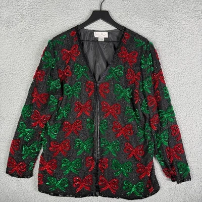 Vintage Christmas 90's Beaded Sequin Jacket Women's XL AOP Granny Laurence Kazar - Image 1 of 4