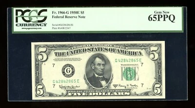 DBR 1950-E $5 FRN Chicago Gem Fr. 1966-G PCGS 65 PPQ Serial G42842865E - Image 1 of 2