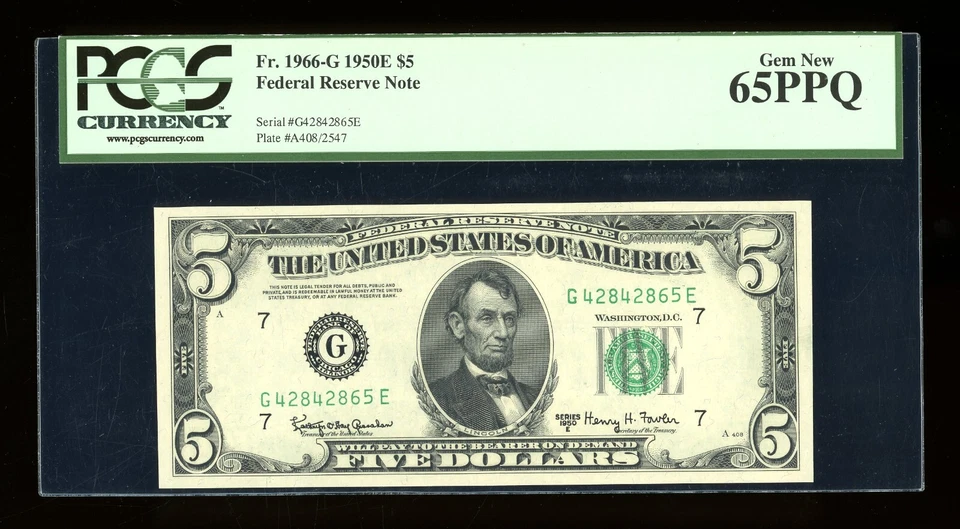 DBR 1950-E $5 FRN Chicago Gem Fr. 1966-G PCGS 65 PPQ Serial G42842865E - Image 1 of 2