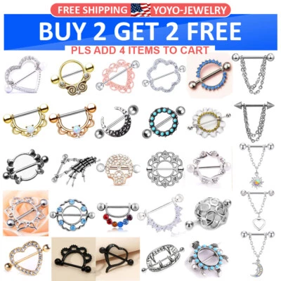 2 piezas de anillos de pezón de acero inoxidable protector de pezón lengüeta barra piercing 14G Foto 1 de 3