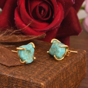 Rough Gemstone Stud Earrings With Natural Turquoise & 18k Gold Plated Studs - Picture 1 of 8