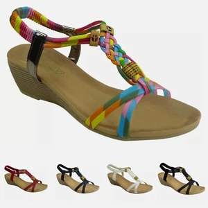 WOMENS SUMMER SANDALS LADIES LOW HEEL WEDGE STRAPPY GLADIATOR GIRLS BEACH SHOES - Picture 1 of 14