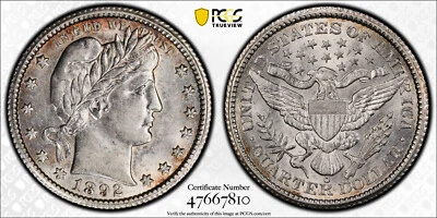 1892 O PCGS AU53 FS-301 RPD Repunched Date Barber Quarter - Image 1 of 4