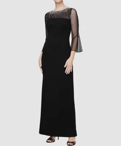 Alex Evenings Women's Black Stud Illusion Bateau Neck Bell Sleeve Dress Size 12 - Picture 1 of 3
