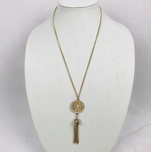 Medallion Tassel Pendant Necklace Gold Tone Curb Chain Rhinestones Sparkle 23.5” - Picture 1 of 5