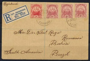 BERMUDA via USA to BRAZIL 1914 Ships on Scarce Reg Cover St GEORGES to Remanso - Picture 1 of 2