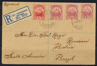 BERMUDA via USA to BRAZIL 1914 Ships on Scarce Reg Cover St GEORGES to Remanso - Image 1 of 2