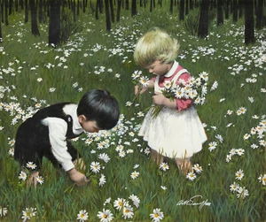 Arthur Sarnoff - Children in Daisy Field 1950s Signed - 17" x 22" Fine Art Print - Picture 1 of 1