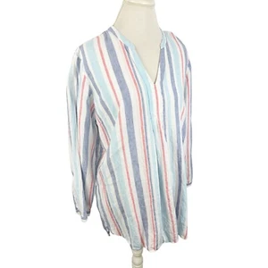 LL Bean 100% Linen Red White Blue Tunic Top Notch V-Neck L/S Popover Size XL - Picture 1 of 10