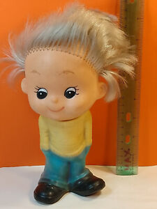 vintage  SWEET YOUNG BOY WHITE hair in yellow DRESS rubber toy doll 8" BISERKA