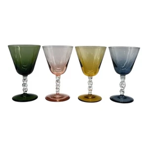 1960s MCM Multi Color Glass Goblets Twisted Clear Stem Set Of 4 Hand Blown 5.25” - Picture 1 of 11