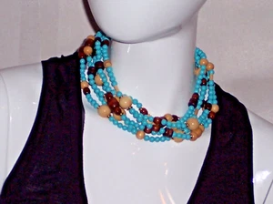 Gold-tone 6 Strand Necklace Turquoise Colored Beads 6mm-14mm by Kenneth J Lane - Picture 1 of 5