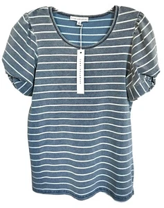 Jane & Delancey Women's Short Puff Sleeve Blouse Top Sz XS Vintage Navy Striped - Picture 1 of 8