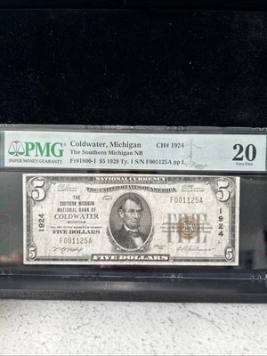 SASA 1929 Souther Michigan National Bank Coldwater Michigan $5 Pmg Vf20 - Image 1 of 2