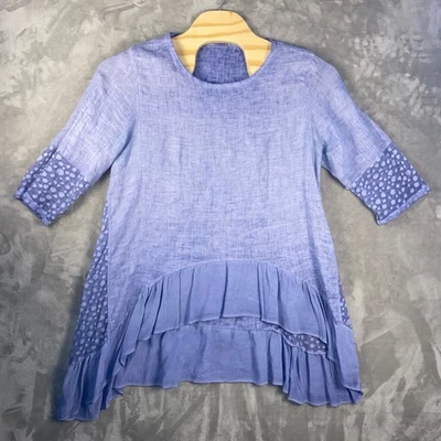Top túnica asimétrica mezcla de lino italiano con volantes dobladillo estampado de puntos talla XL Foto 1 de 4