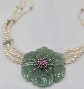 Collar Harriet Kelsall Flor Jade Tallado Perla Rosa Turmalina 925 Nuevo En Caja - Imagen 1 de 9