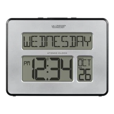 Clock Atomic Digital Silver Calendar Easy-to-Read Large LCD Temperature Setting - Image 1 of 4