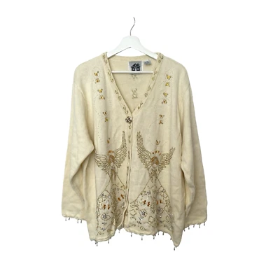 Cardigã feminino bordado anjo dourado suéter tricô livro de histórias 3X Natal - Imagem 1 de 4