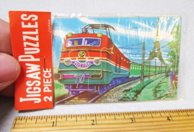 vintage 1960 dime store toy Jigsaw puzzle set of 2, Train & Penguins, new pack - Image 1 of 2