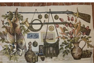 Vintage Italian hunting wall tapestry rabbit partridge hunting cabin 44 X 26 - Picture 1 of 7