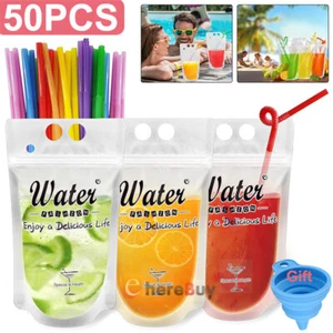 50Pcs Travel Drinks Liquor Pouch Bag Reusable Drink Pouch Durable Drink + Straws - Picture 1 of 13