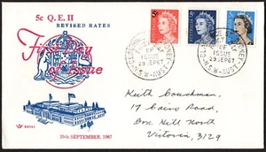 Australia 1967 5c QE II Set de 3 Definitive's Royal Addressed FDC, en muy buen estado - Imagen 1 de 1