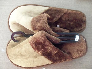 Mens Brown Faux Suede Faux Fur Trim Slip On Mule Slippers - L - Picture 1 of 4