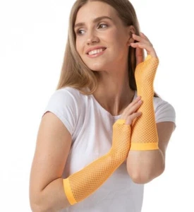 Orange Fishnet Gloves 1980s 80s Rave Hen Party Fancy Dress Fingerless - Picture 1 of 1