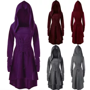 Women's Ladies Gothic Punk Hooded Dress Witch Halloween Party Fancy Steampunk - Picture 1 of 9