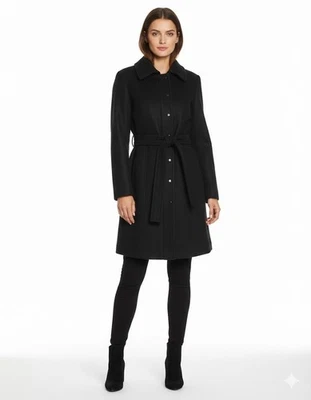 Calvin Klein Mujer Negro Cinturón Clásico Cuello Club Prendas de abrigo Abrigo Guisante Talla S Foto 1 de 4