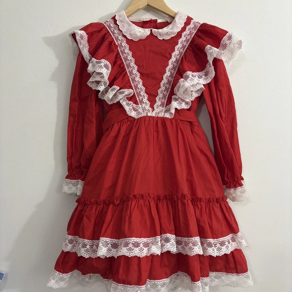 Vestido de fiesta vintage de encaje rojo con volantes talla 7 manga larga Little Princess Foto 1 de 4