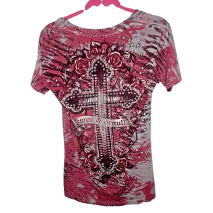SINFUL By Affliction Women Embellished Goth Biker Y2K Grunge T-Shirt RARE - Picture 1 of 5
