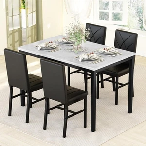 4 Seater Dining Table Set Faux Marble Black PU Chairs Space Saving Modern - Picture 1 of 12