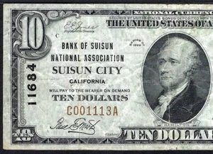 🇺🇸CA 1929 $10 ♚♚SUISUN CITY, CALIFORNIA ♚♚ NAT. ASSOC. PMG VF 20 HARD TO FIND! - Picture 1 of 3